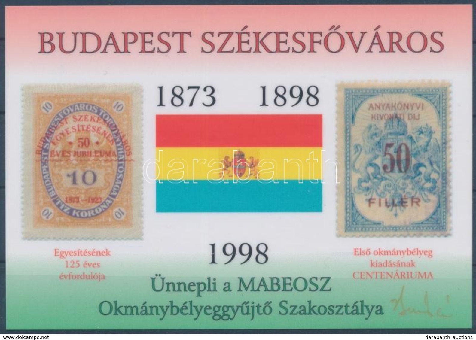** 1998/DA20c Budapest Székesfőváros Emlékív, Dedikált Változat (csak 22 Példány!) (75.000) / Souvenir Sheet With Signat - Sonstige & Ohne Zuordnung