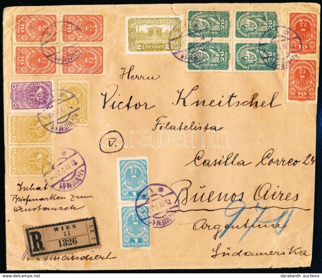 1920 Inflációs Ajánlott Levél 17 Db Bélyeggel Bécsből Argentínába / Registered Cover With 17 Stamps Franking From Vienna - Sonstige & Ohne Zuordnung
