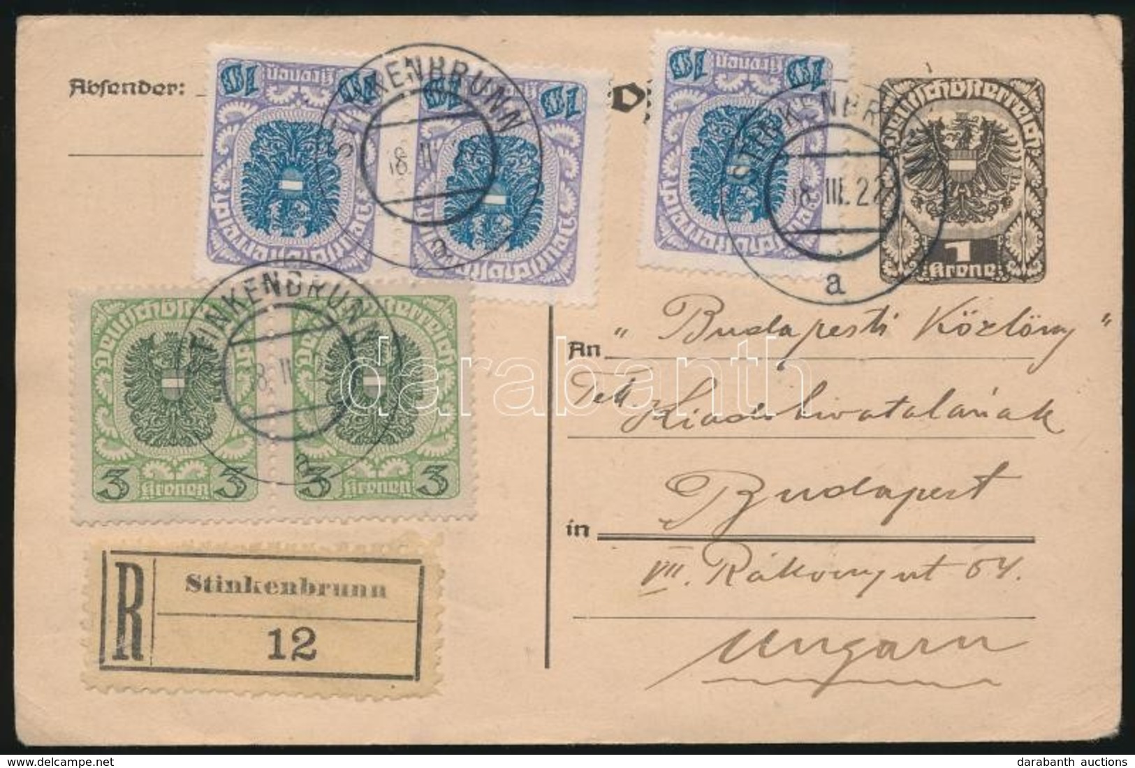 1922 Ajánlott Díjkiegészített Díjjegyes Levelezőlap 'STINKENBRUNN' - Budapestre - Sonstige & Ohne Zuordnung
