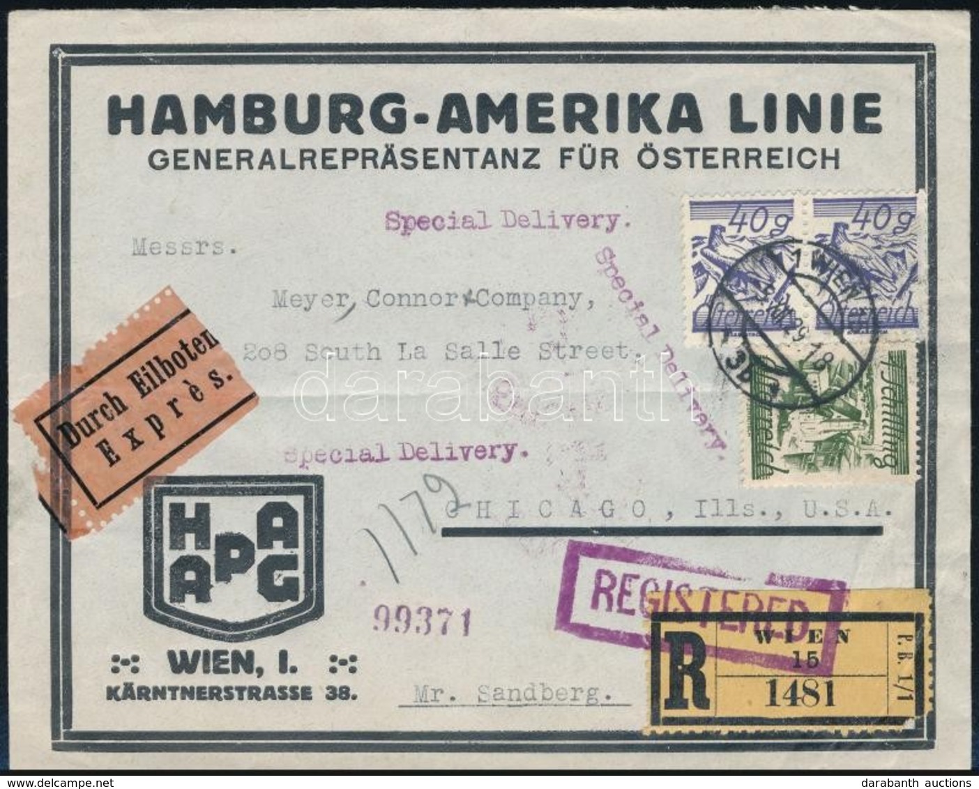 1929 Expressz Ajánlott Levél Bécsből Chicagóba, Hátoldali érkezési Bélyegzéssel / Express Registered Cover From Vienna T - Sonstige & Ohne Zuordnung
