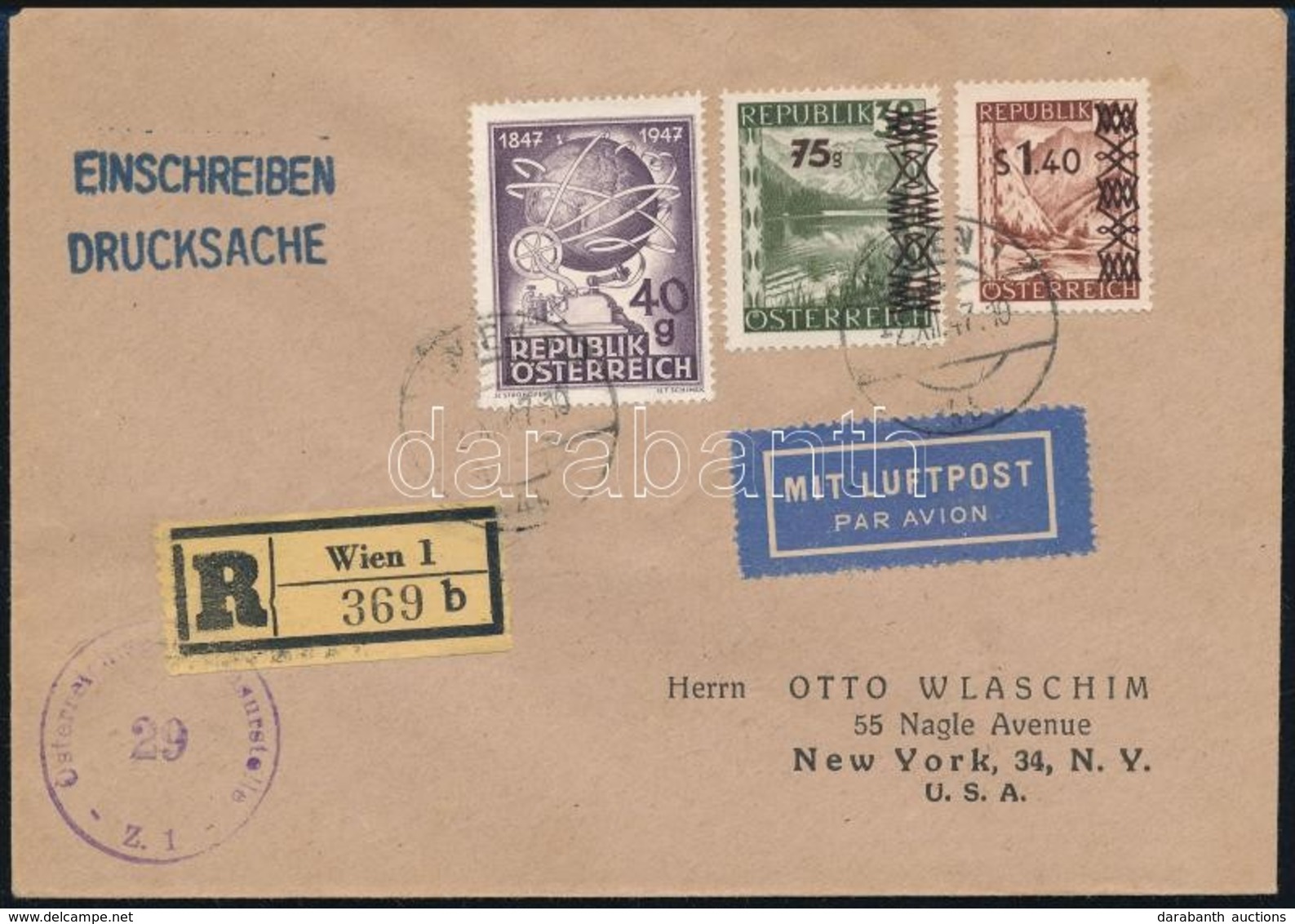 1947 Ajánlott Légiposta Nyomtatvány Bécsből New Yorkba, Hátoldali érkezési Bélyegzéssel / Registered Airmail Printed Mat - Sonstige & Ohne Zuordnung