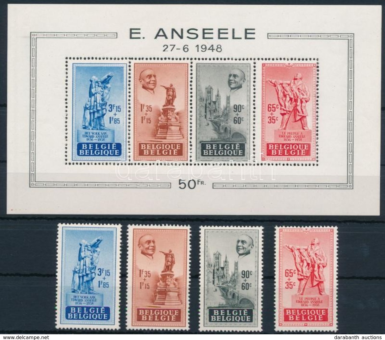 ** 1948 Anseele Emlékmű Mi 824-827 + Blokk Mi 20 - Sonstige & Ohne Zuordnung