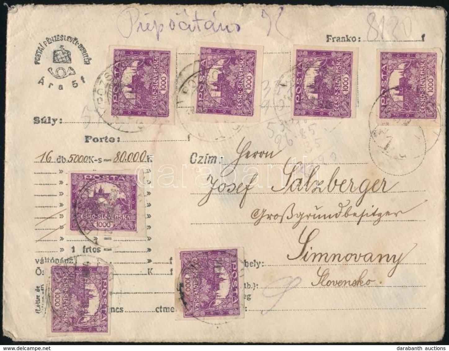 1919 Pénzeslevél 80000K-ról Pozsonyból (túlélő Magyar Bélyegző) Simnovanyba 81,20K Bérmentesítéssel. Rendkívül Magas Bér - Sonstige & Ohne Zuordnung