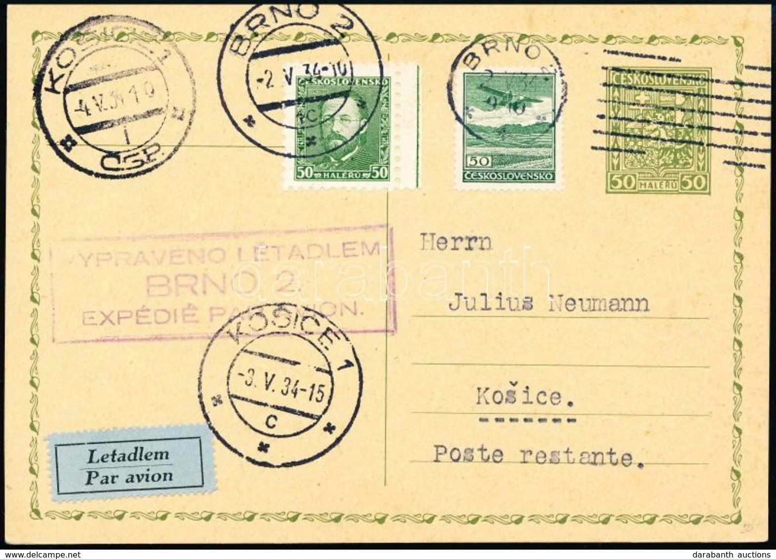 1934 Légi Levelezőlap / Airmail Postcard ,,BRNO' - ,,KOSICE' - Autres & Non Classés