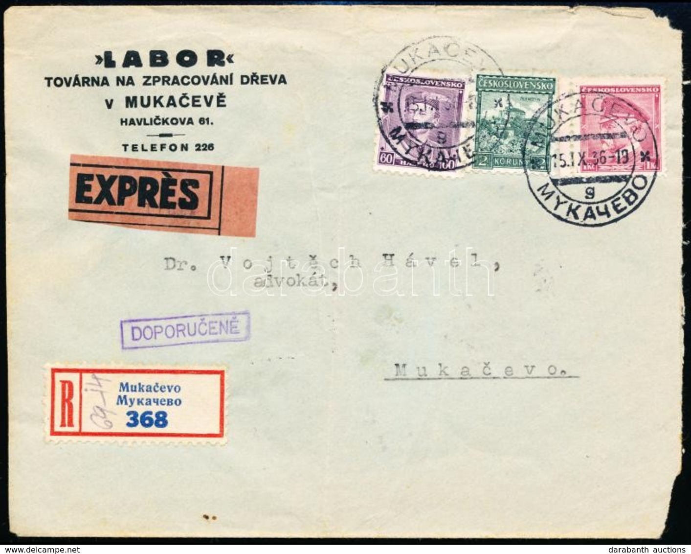 1936 Munkácsi Helyi Expressz Ajánlott Levél / Mukachevo Registered Express Local Cover - Autres & Non Classés