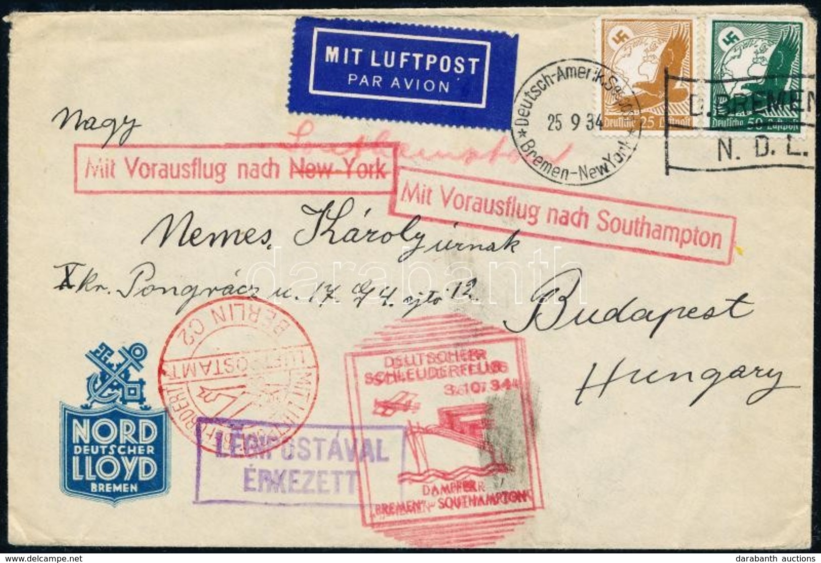 1934 Katapultposta Levél Budapestre / Katapult Post Cover From Steamer Bremen To Hungary - Sonstige & Ohne Zuordnung