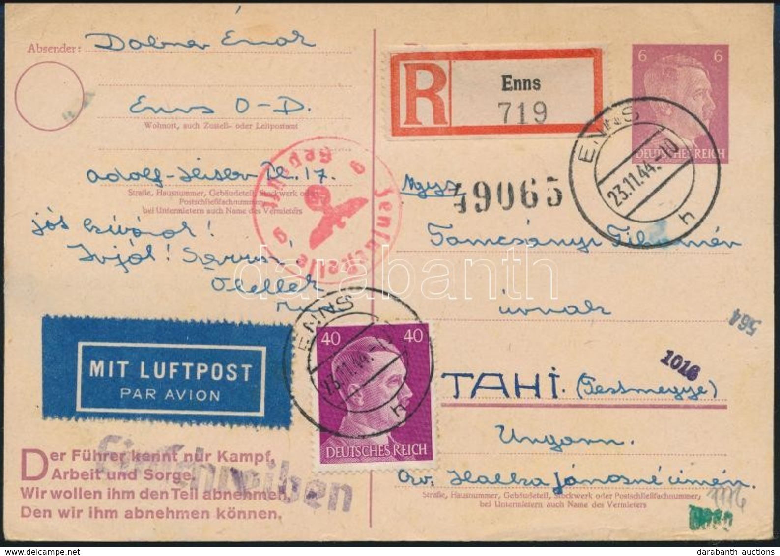 1944 Cenzúrás Ajánlott Légi Levelezőlap Magyarországra / Censored Registered Airmail Postcard To Hungary - Sonstige & Ohne Zuordnung