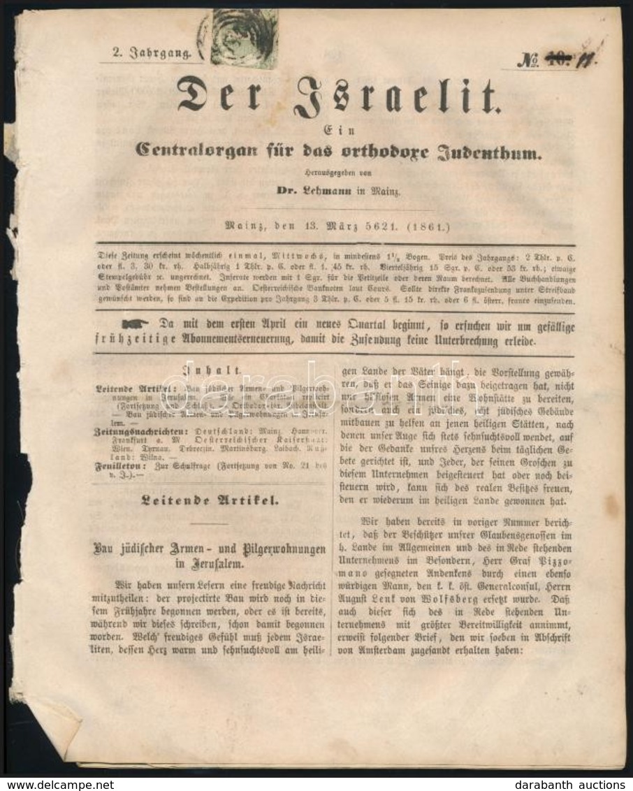 1861 Der Israelit Mainzi Zsidó újság 1Kr Bérmentesítéssel / Jewish Newspaper From Mainz Franked With 1Kr Stamp - Sonstige & Ohne Zuordnung