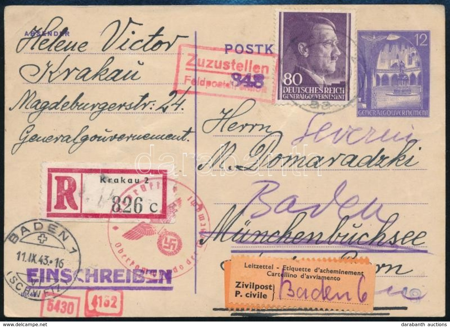 Generalgouvernement 1943 Cenzúrázott Díjkiegészített Díjjegyes Levelezőlap Ajánlva Svájcba Küldve / Registered PS-card W - Autres & Non Classés