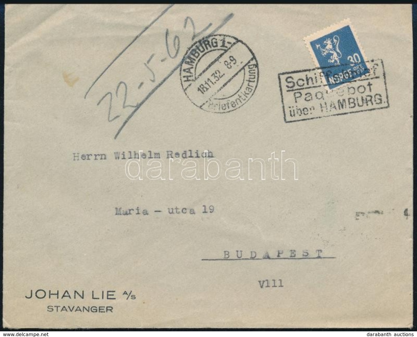 1932 Hajóposta Levél Budapestre / Sea Post Cover To Hungary 'Schiffsbrief / Paquebot über Hamburg' - Autres & Non Classés