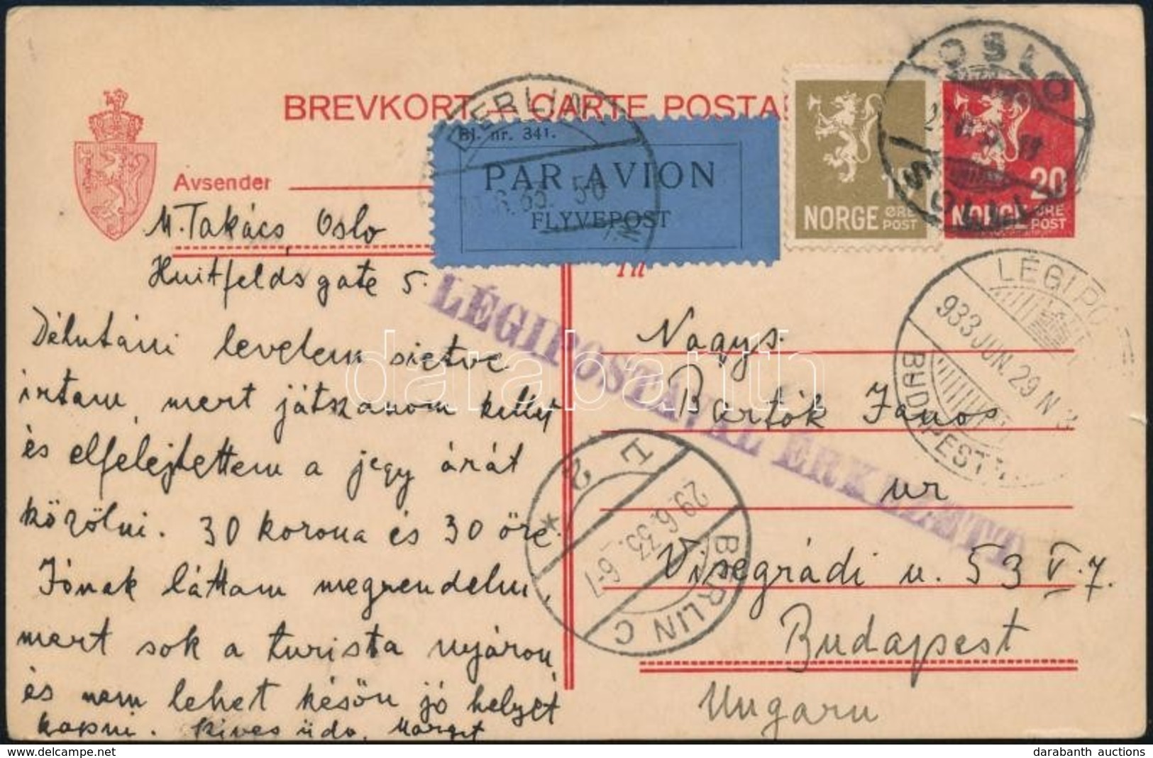 1933 Díjkiegészített Díjjegyes Levelezőlap Légipostával Budapestre / PS-card With Additional Franking, Airmail To Hungar - Sonstige & Ohne Zuordnung