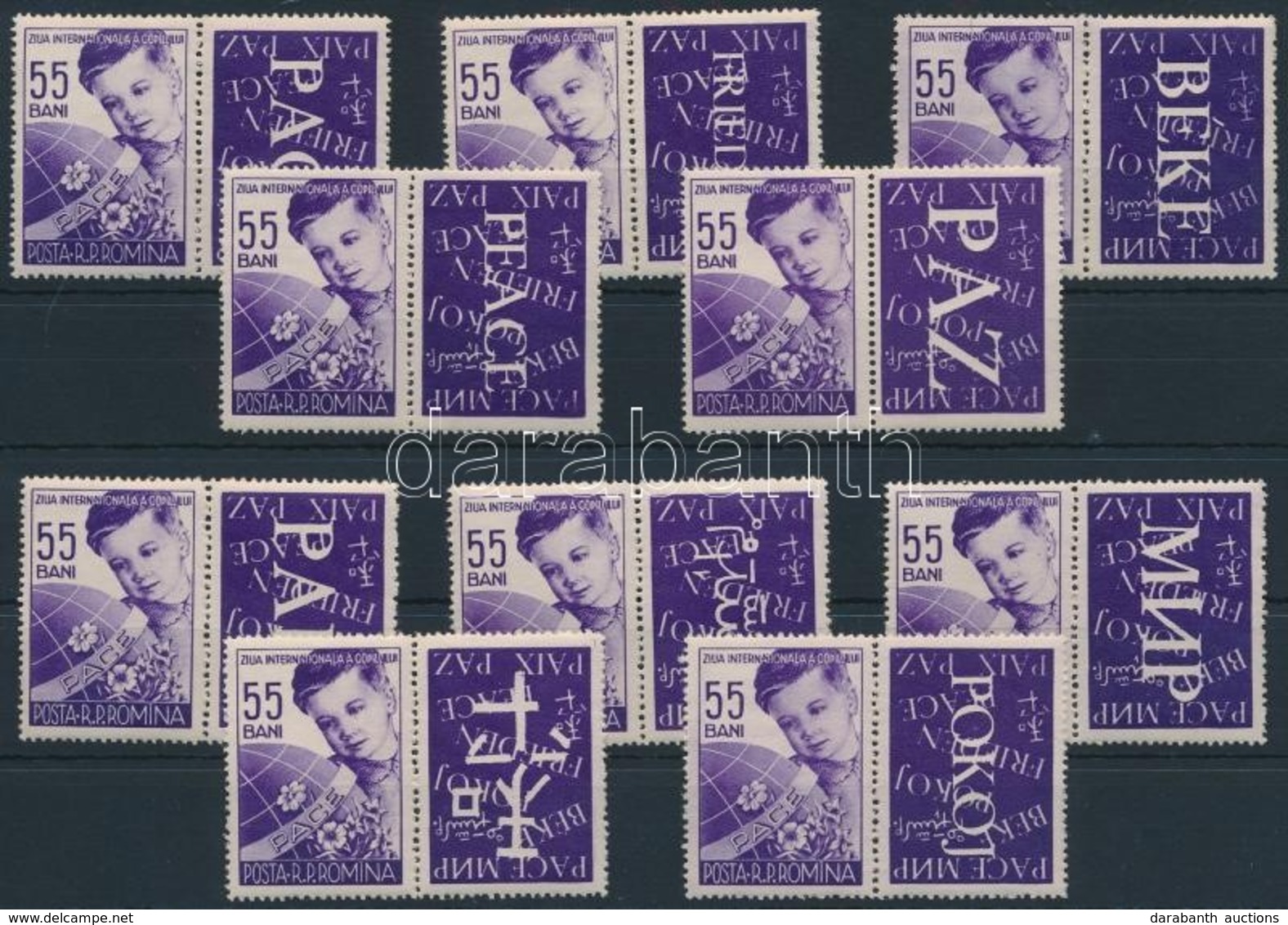 ** 1956 Nemzetközi Gyermeknap Mi 1578 Zf 10 Klf Szelvénnyel, Közte Magyar 'BÉKE' Felirattal / 10 Stamps With Different C - Sonstige & Ohne Zuordnung