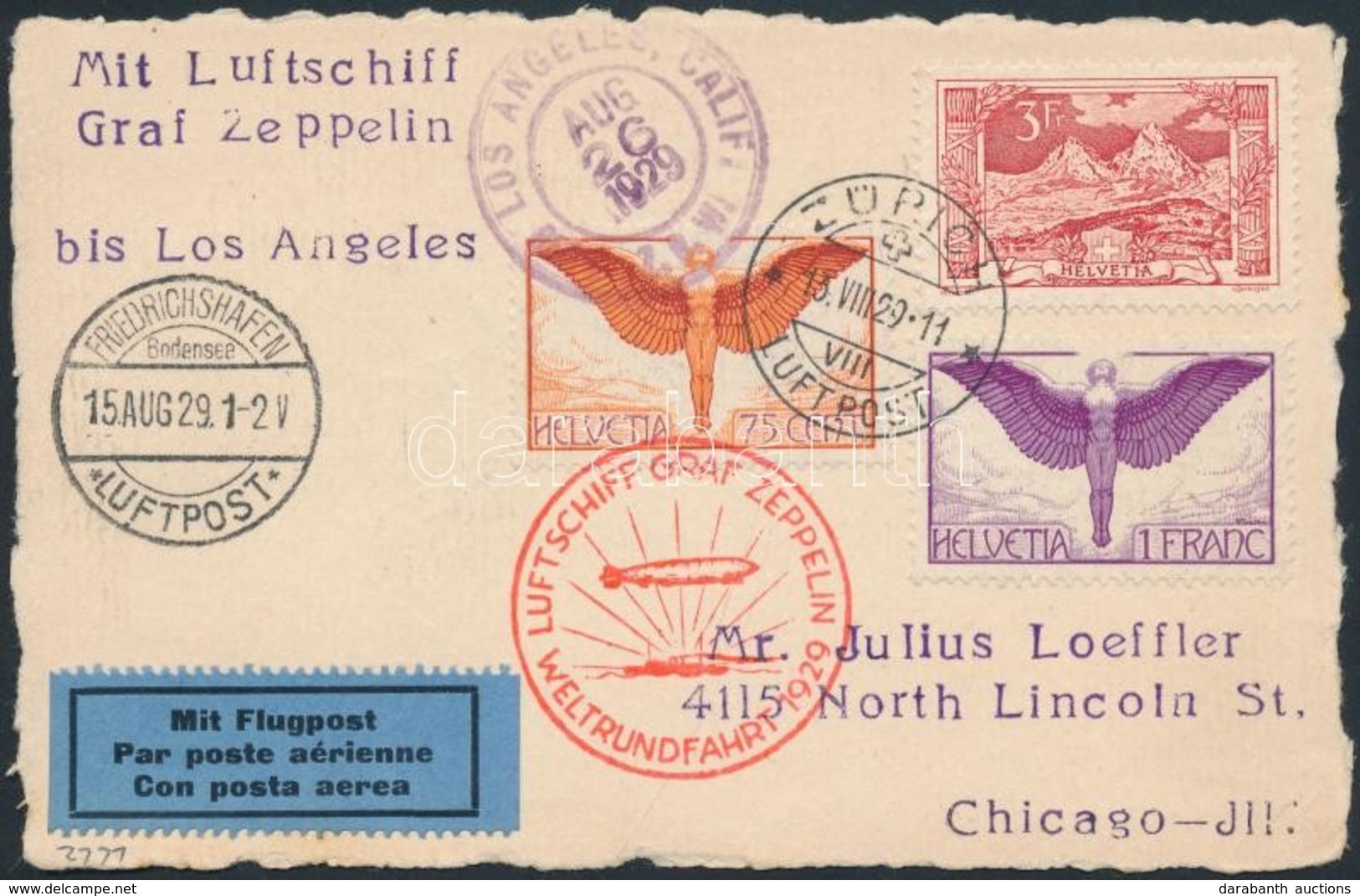 Svájc 1929 Zeppelin Világ Körüli útja Levelezőlap / Round The World Flight Postcard - Sonstige & Ohne Zuordnung