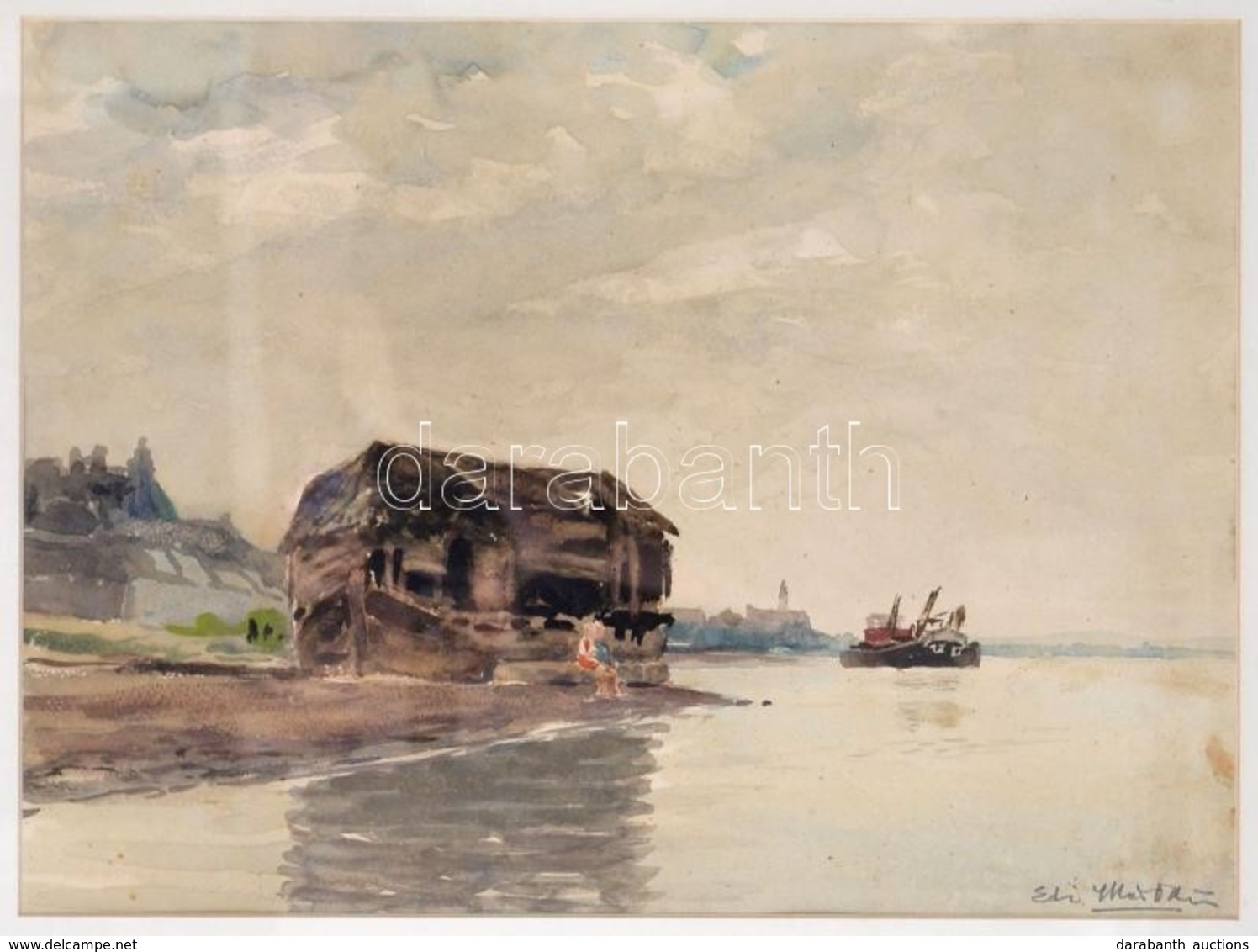 Edvi Illés Ödön (1877-1945): Duna Part. Akvarell, Papír, üvegezett Keretben, 28×39 Cm - Autres & Non Classés