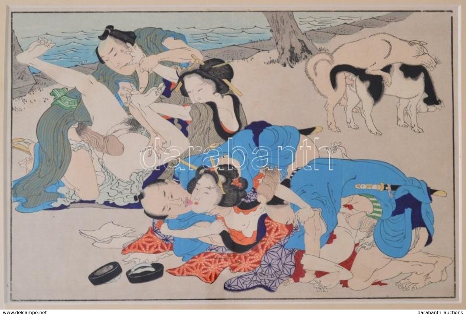 Ikeda Terakuta (1883-1921): Shunga. Esőszak A Folyóparton. Erotikus Fametszet. Japán, 1910 Körül. Paszpartuzva, üvegezet - Sonstige & Ohne Zuordnung