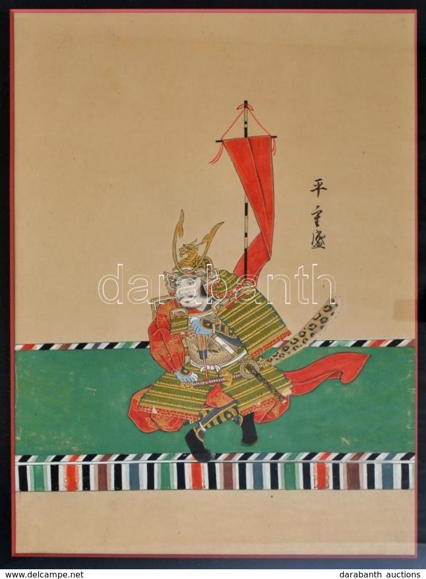 Japán, XIX. Sz. Vége: Szamuráj Tábornok. Akvarell-papír. Jelzett. 26x37 Cm Üvegezett Keretben / Japan, Samurai General.  - Sonstige & Ohne Zuordnung