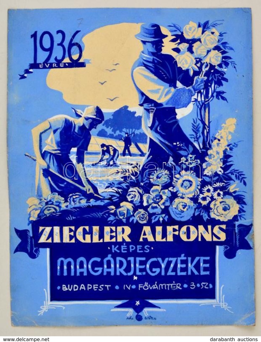 Cca 1936 Pál György (1906-1986): Ziegler Alfonz Képes Magárjegyzéke.. Pecséttel Jelzett Globus Nyomdás Terv. Akvarell, P - Werbung