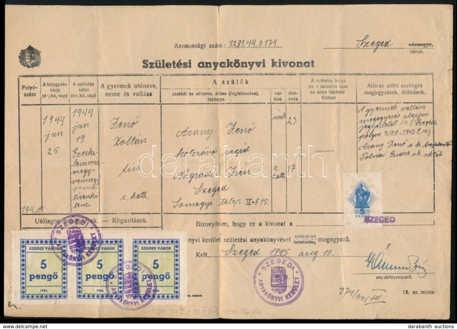 1945 Szeged 5P Hármascsík Városi Illetékbélyegek . Születési Anyakönyvi Kivonaton / City Document Stamps - Ohne Zuordnung