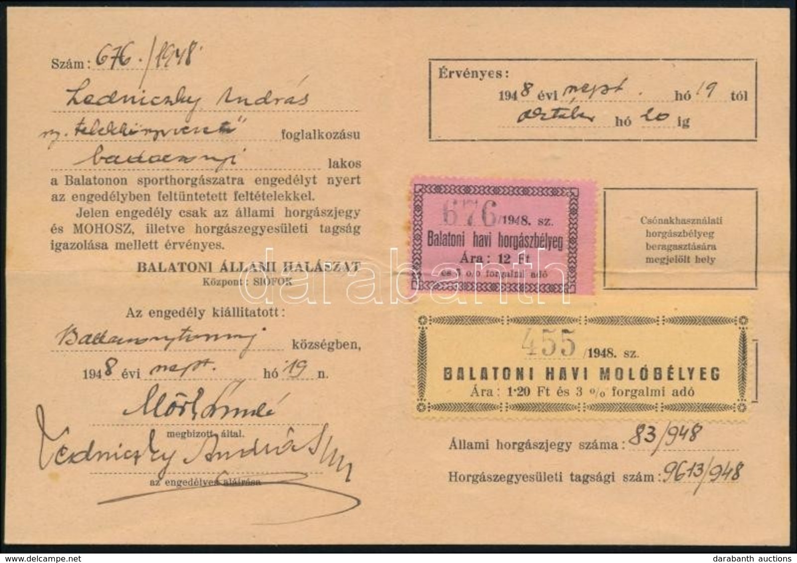 1948 Balatoni Horgászengedély Horgászbélyeggel és Mólóbélyeggel  / Fishing Licence With Fishing And Pier Stamp - Non Classés
