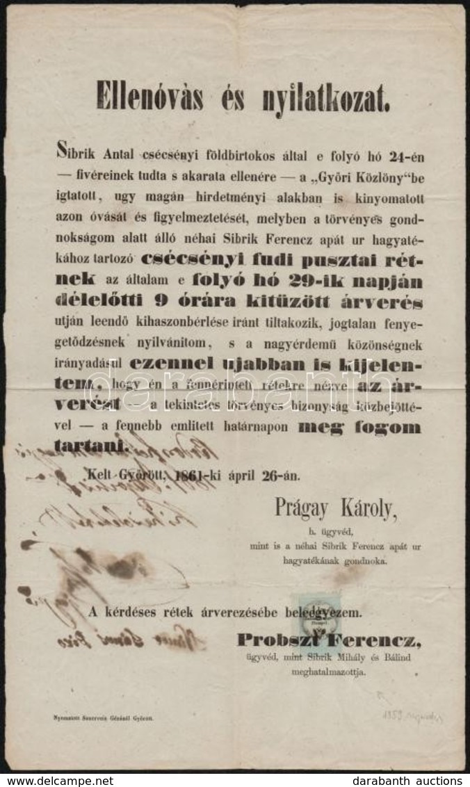 1861 Ellenóvás és Nyilatkozat árverési Hirdetmény Előre Felragasztott 1859 Augusztusi 1kr Hirdetménybélyeggel / Announce - Ohne Zuordnung