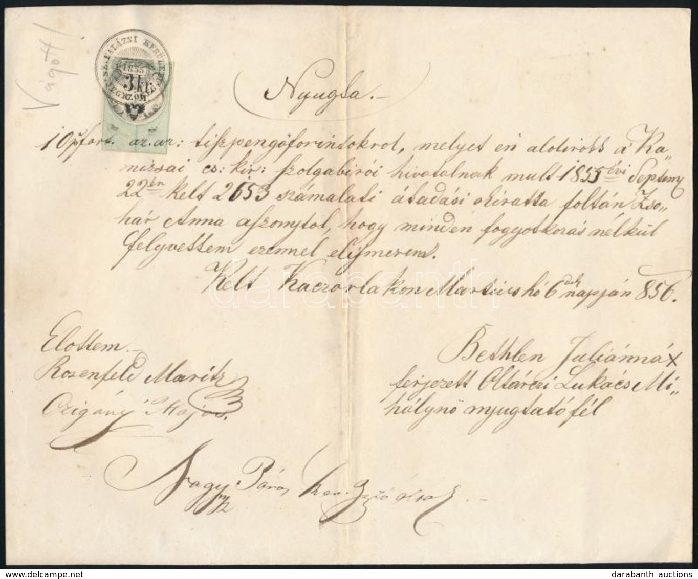 1856 3kr CM Ollóval Vágott Okmánybélyeg  Kaczorlak Okmányon /  Document Stamp Cut With Scissors - Ohne Zuordnung