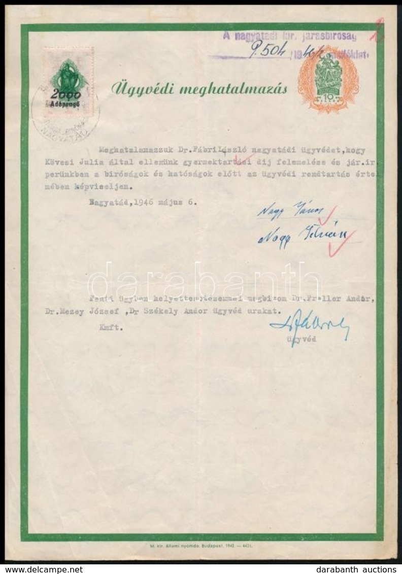 1946 Ban Felhasznált ügyvédi Meghatalmazás 50+10f + 2000Ap Illetékbélyeggel / Lawyers Procuration Sheet - Non Classés