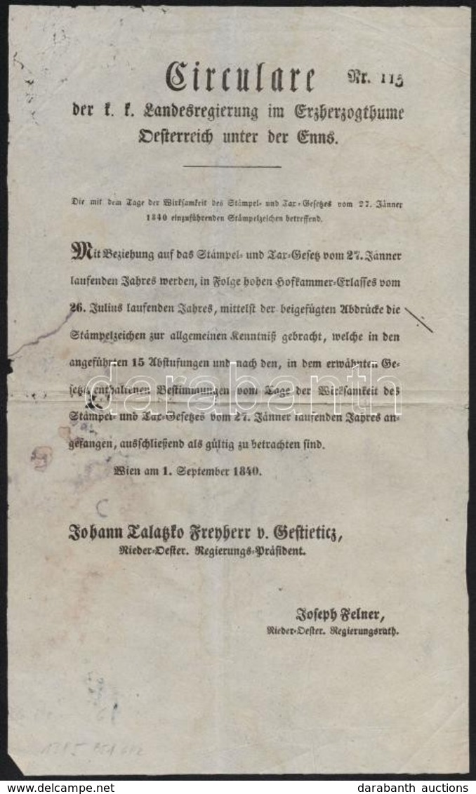 1840 Az Illetékbélyegek Benyomás Használatáról Szóló Rendeletről Való Hivatalos értesítő, Német Nyelven - Non Classés