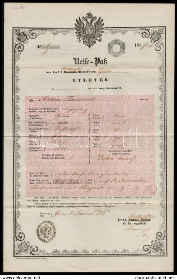 1858 Útlevél Kőszegről 6kr Szignettával / Passport From Güns - Ohne Zuordnung