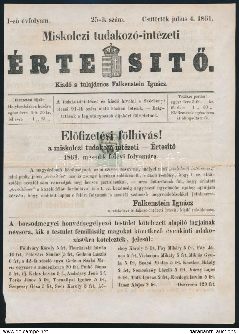 1861 Miskloczi Tudakozó-intézeti értesítő Száma Előfizetési Fölhívással, Rajta 1kr Hirdetmény Bélyeggel - Non Classés