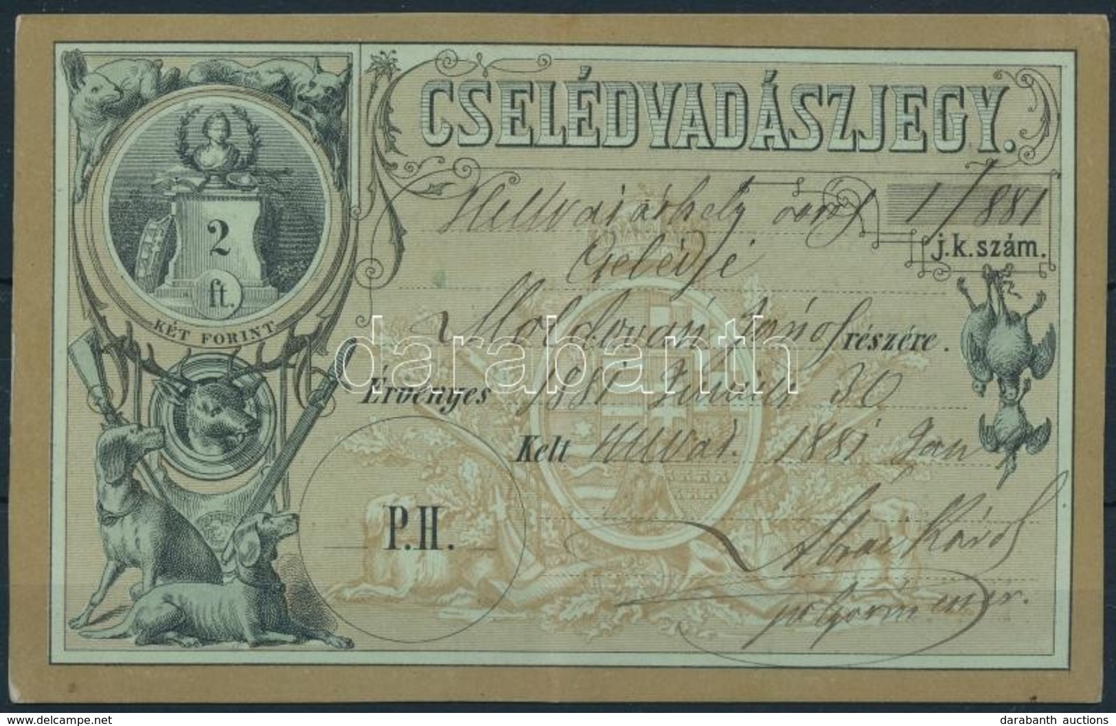 1881 Cselédvadászjegy Hódmezővásárhelyen Kiállítva, 1/881 Sz. / Hunting Licence For Servant (hajtott / Folded) - Ohne Zuordnung