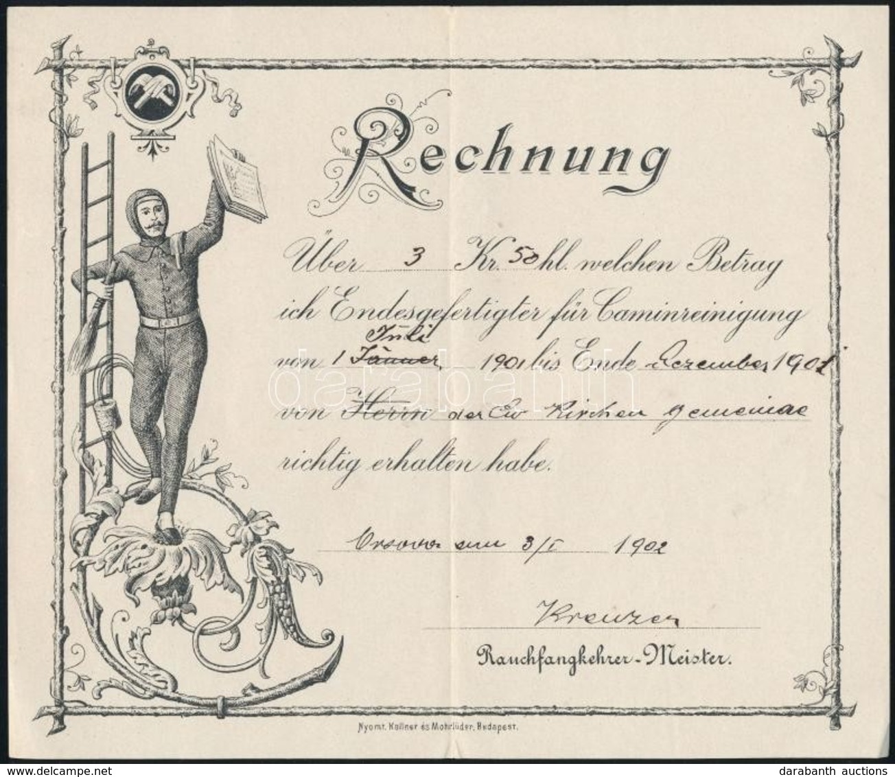 1902 Kéményseprő Számla. Orsova. / Chimneysweep Invoice Orsova. 20x17 Cm - Ohne Zuordnung