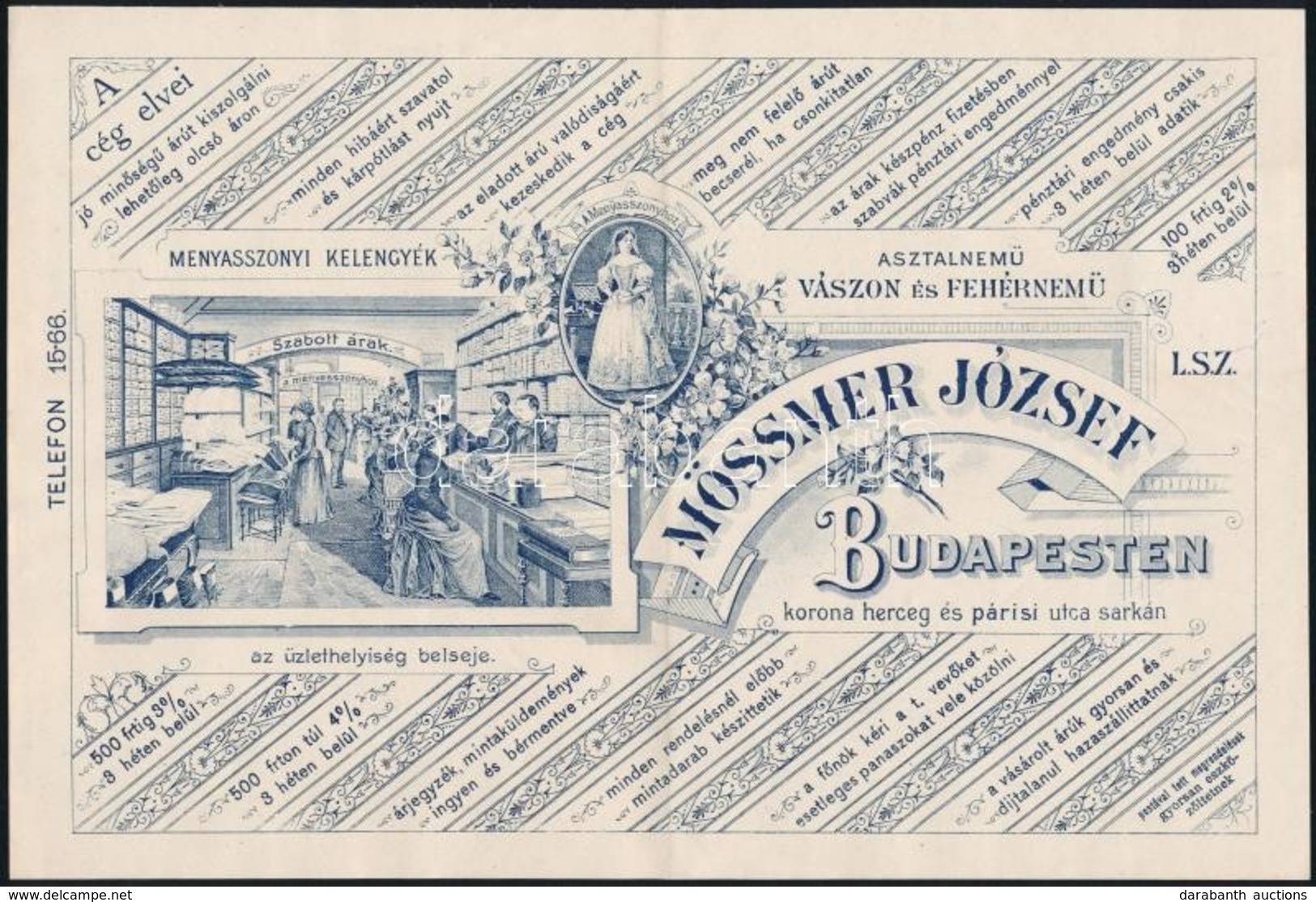 1909 Budapest, Mössmer József Asztalnemű, Vászon- és Fehérnemű, Menyasszonyi Kelengyék üzletének Dekoratív Fejléces Szám - Non Classés