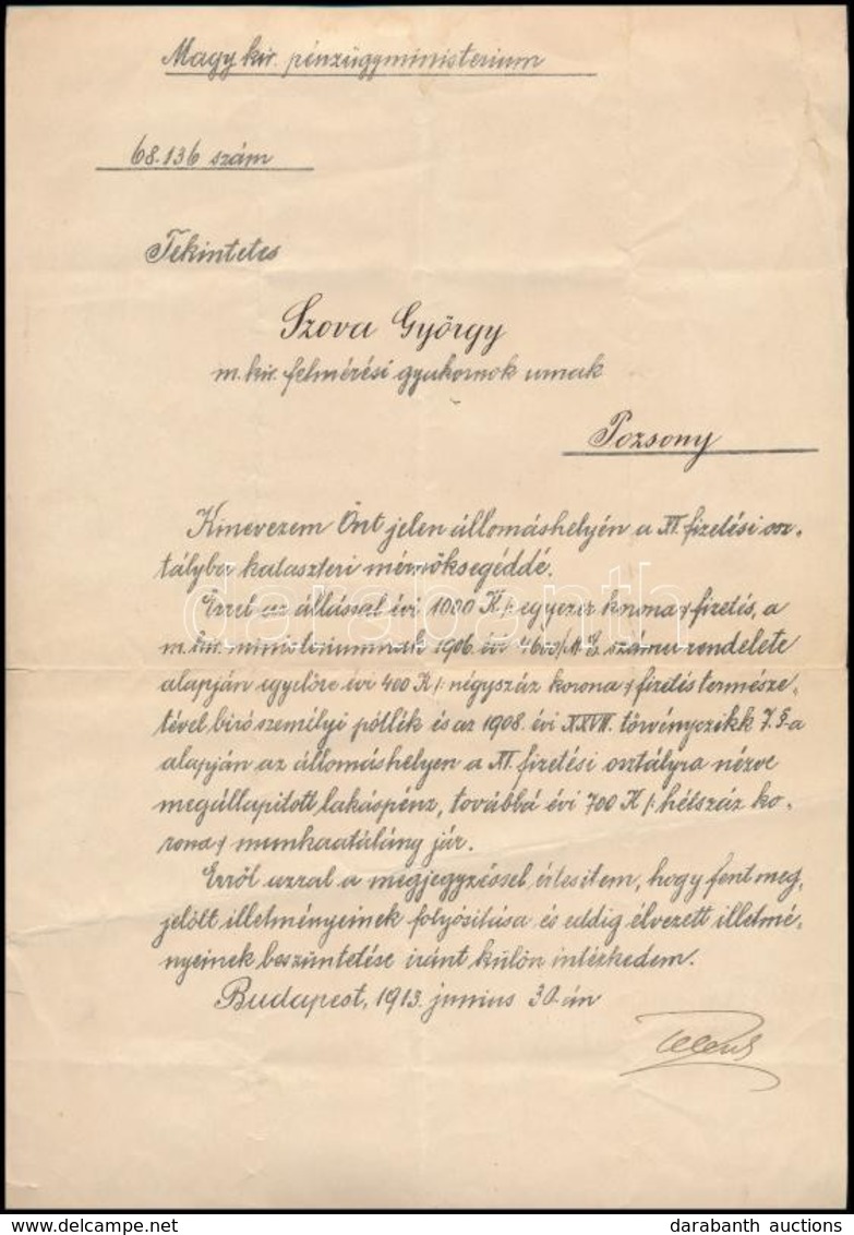 1913 Budapest, Kataszteri Mérnöki Kinevezés Szova György Pozsonyi Felmérési Gyakornok Részére, Teleszky János (1868-1939 - Ohne Zuordnung