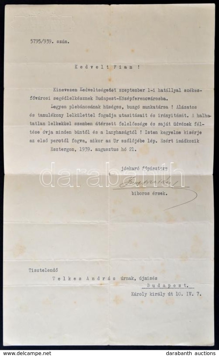 1939 Esztergom, Székesfővárosi Segédlelkészi Kinevezés Telkes András Részére Középső-Ferencvárosba, Serédi Jusztinián (1 - Non Classés