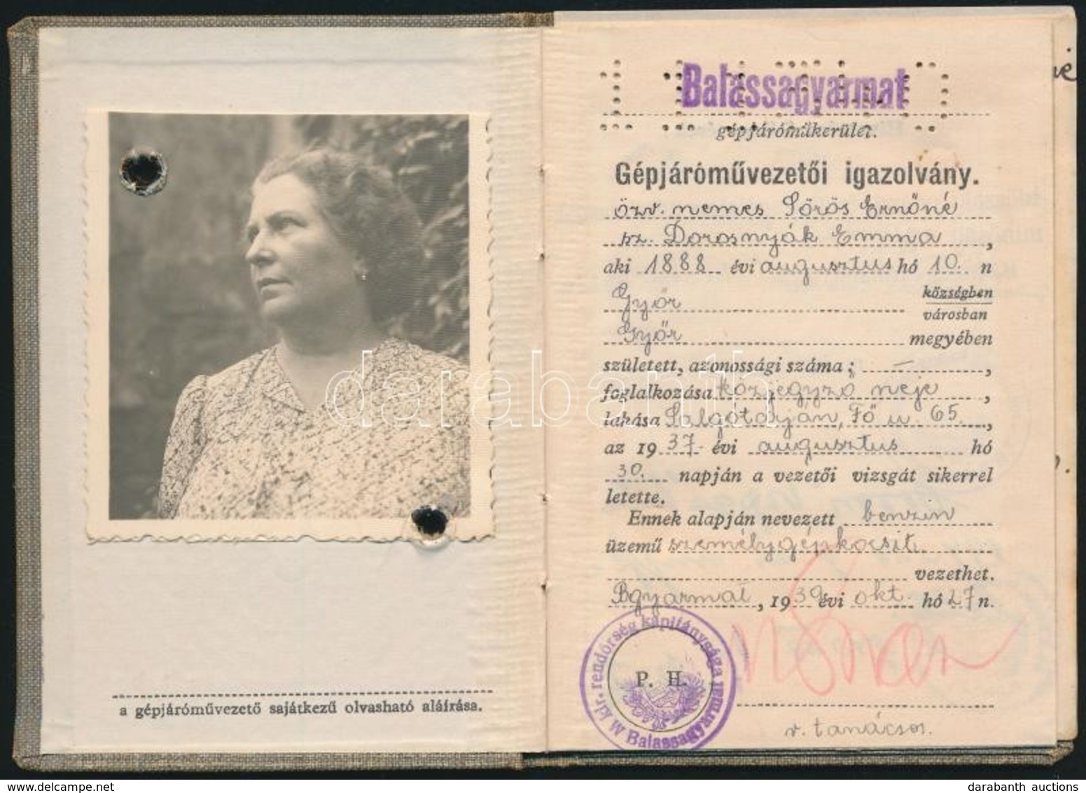 1939 Balassagyarmat, Hölgy Számára Kiállított Fényképes Gépjárművezetői Igazolvány - Ohne Zuordnung