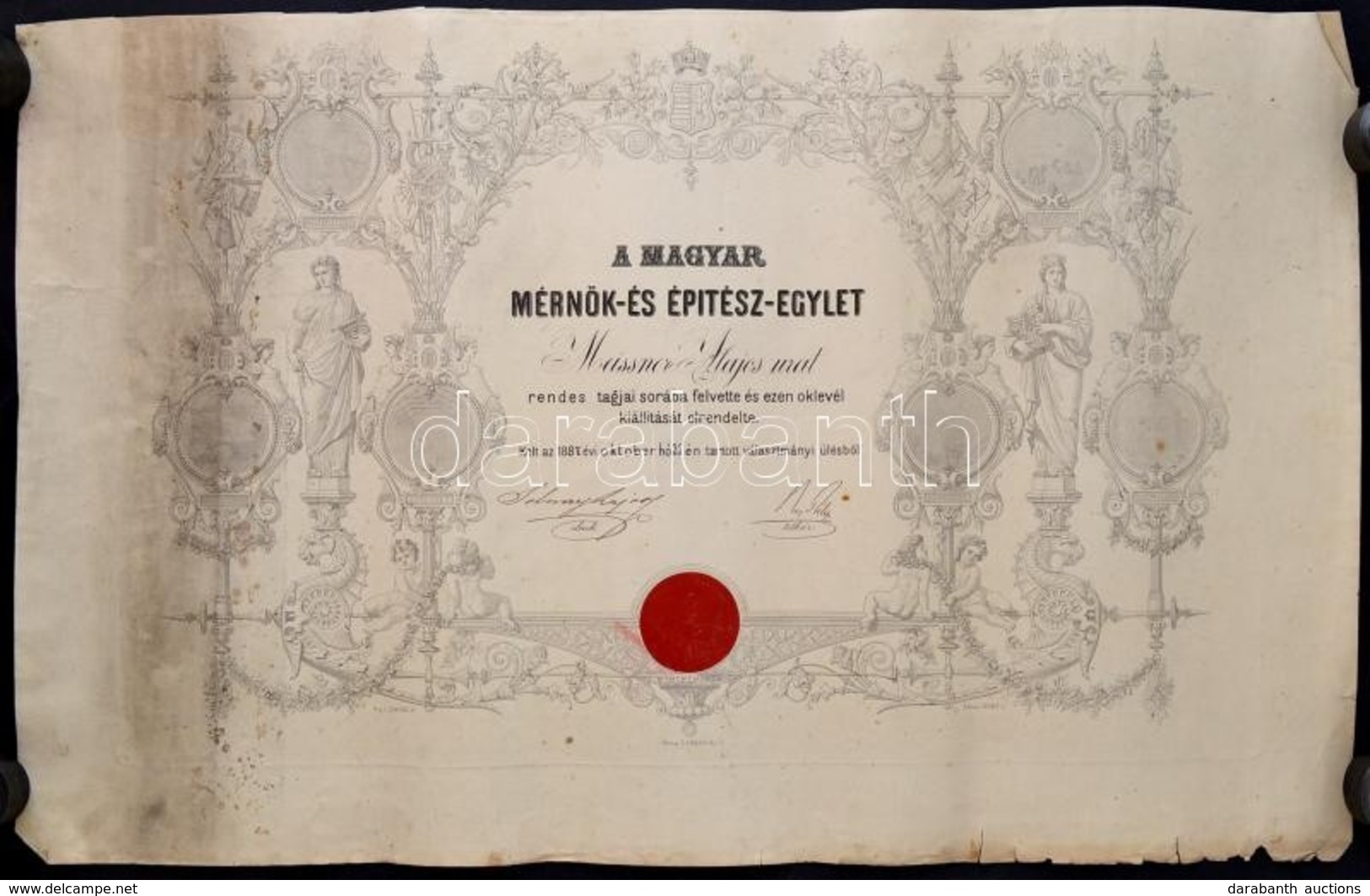 1887 Magyar Mérnök és Építészegylet Díszes (Zofhal G./Doby J.) Oklevele Meissner (Mészner) Alajos (1835-?) Ny. Vasúti Fő - Non Classés