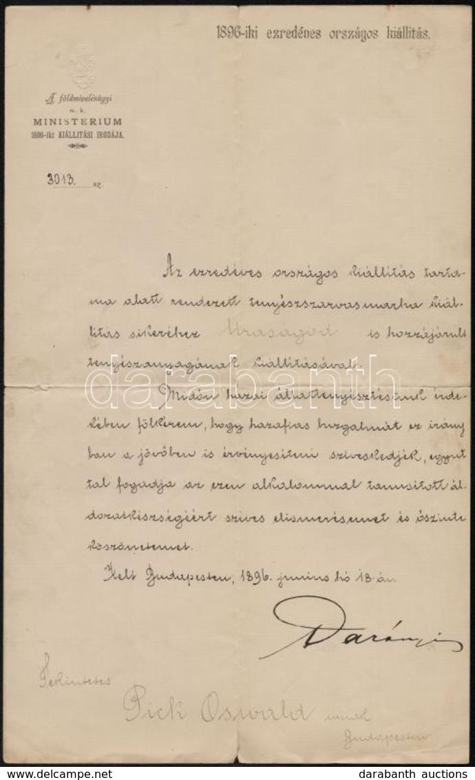 1896 Darányi Ignác Földművelésügyi Miniszter által Aláírt Gratuláló Levél Az Ezredéves Kiállításon Részt Vett Marhatenyé - Non Classés