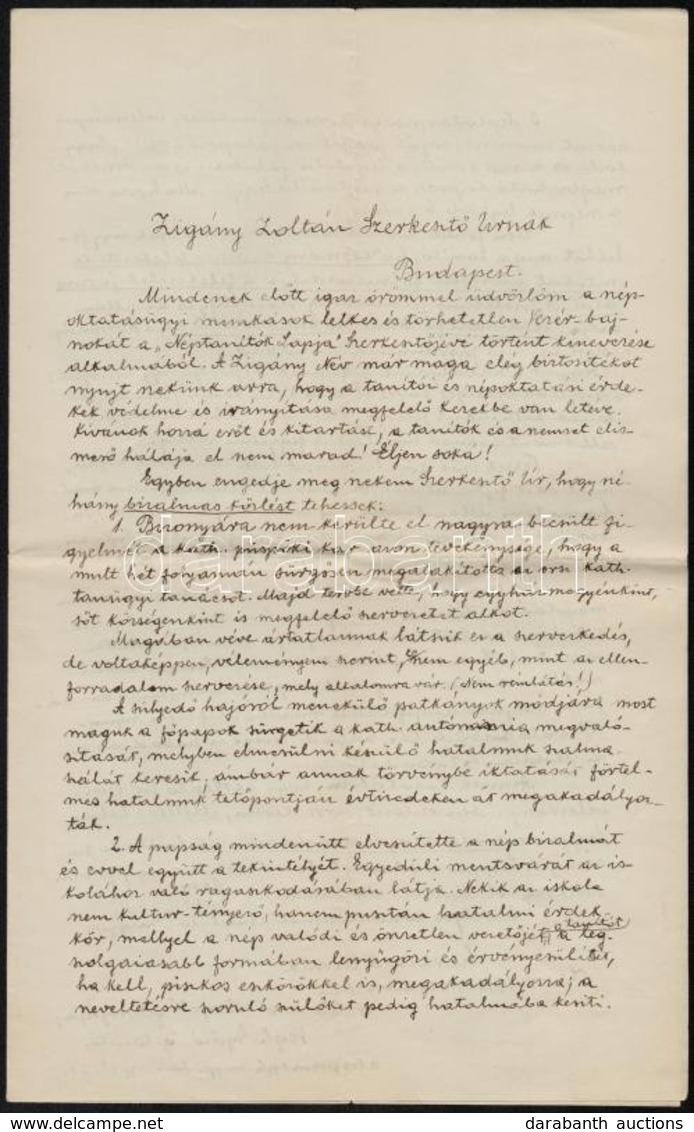 1918 Zigány Zoltán (1864-1921) író, Pedagógus, Szabadkőműves A Századforduló Után A Radikális Tanítómozgalom Egyik Vezet - Zonder Classificatie