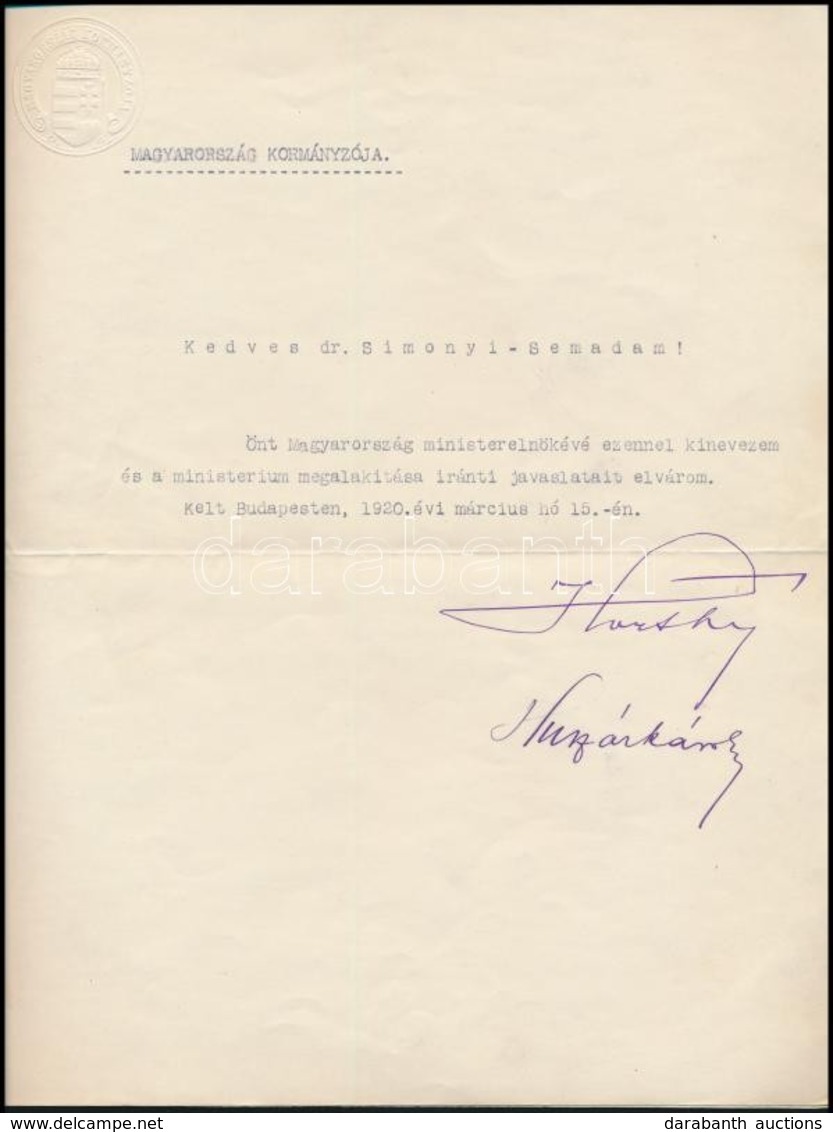 1920 Simonyi-Semadam Sándor (1864-1946)  Miniszterelnöki Kinevezése Horthy Miklós Kormányzó és Huszár Károly Miniszterel - Ohne Zuordnung