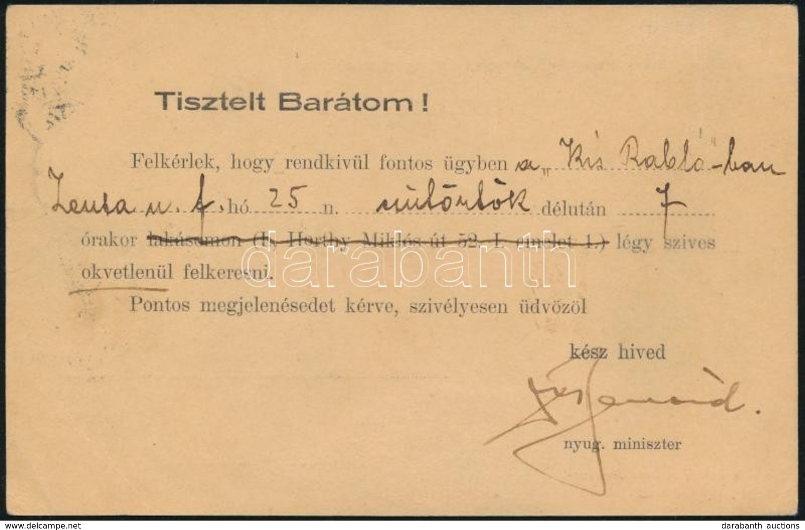 1934 Bernárd Ágost (1880-1968) Politikus, Korábbi Miniszter, A Trianoni Békeszerződés Egyik Aláírójának Levelezőlapja Jo - Zonder Classificatie