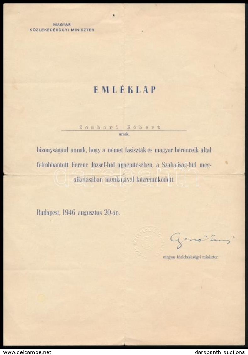 1946 Gerő Ernő (1898-1980) Közlekedési Miniszter Aláírása A 'Ferenc József Híd újjáépítésében, A Szabadság Híd Megalkotá - Ohne Zuordnung