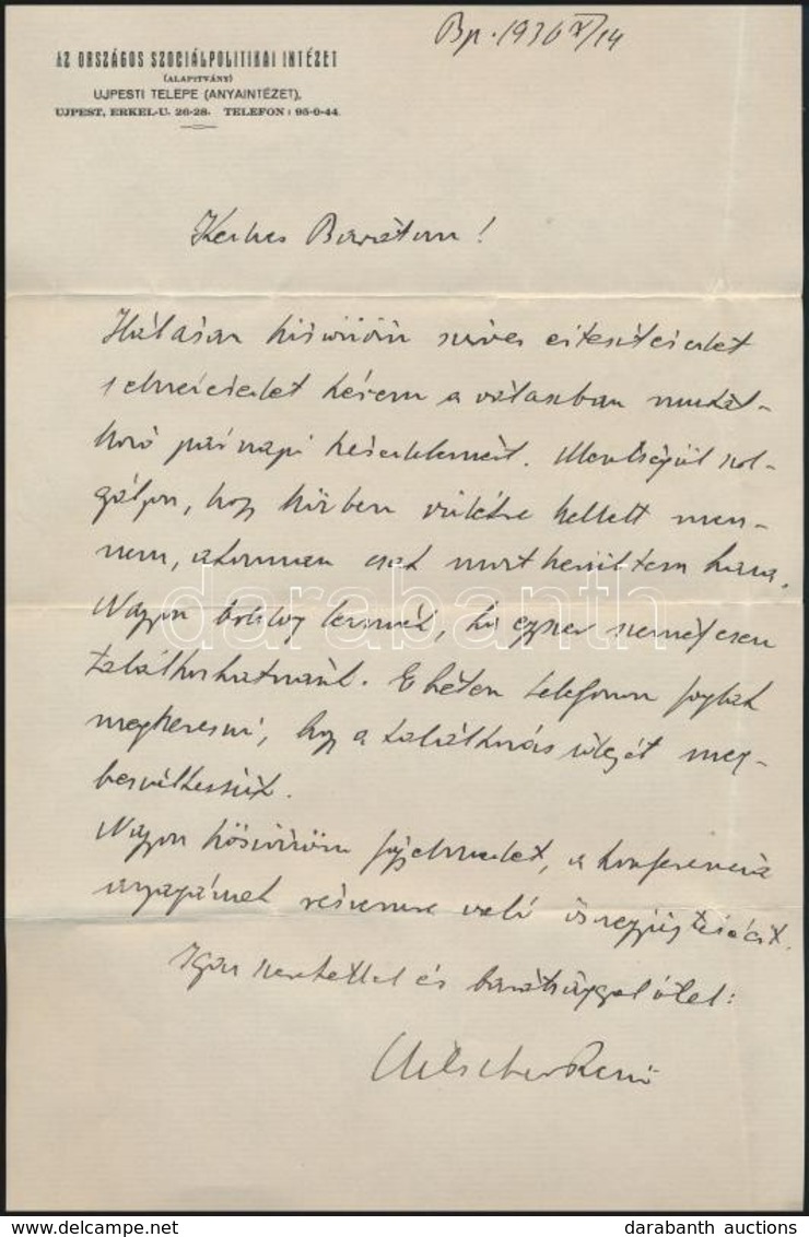 Hilscher Rezső (1890-1957): Jogász, Szociálpolitikus Saját Kézzel írt Levele Egy Református Lelkésznek Az Országos Szoci - Ohne Zuordnung