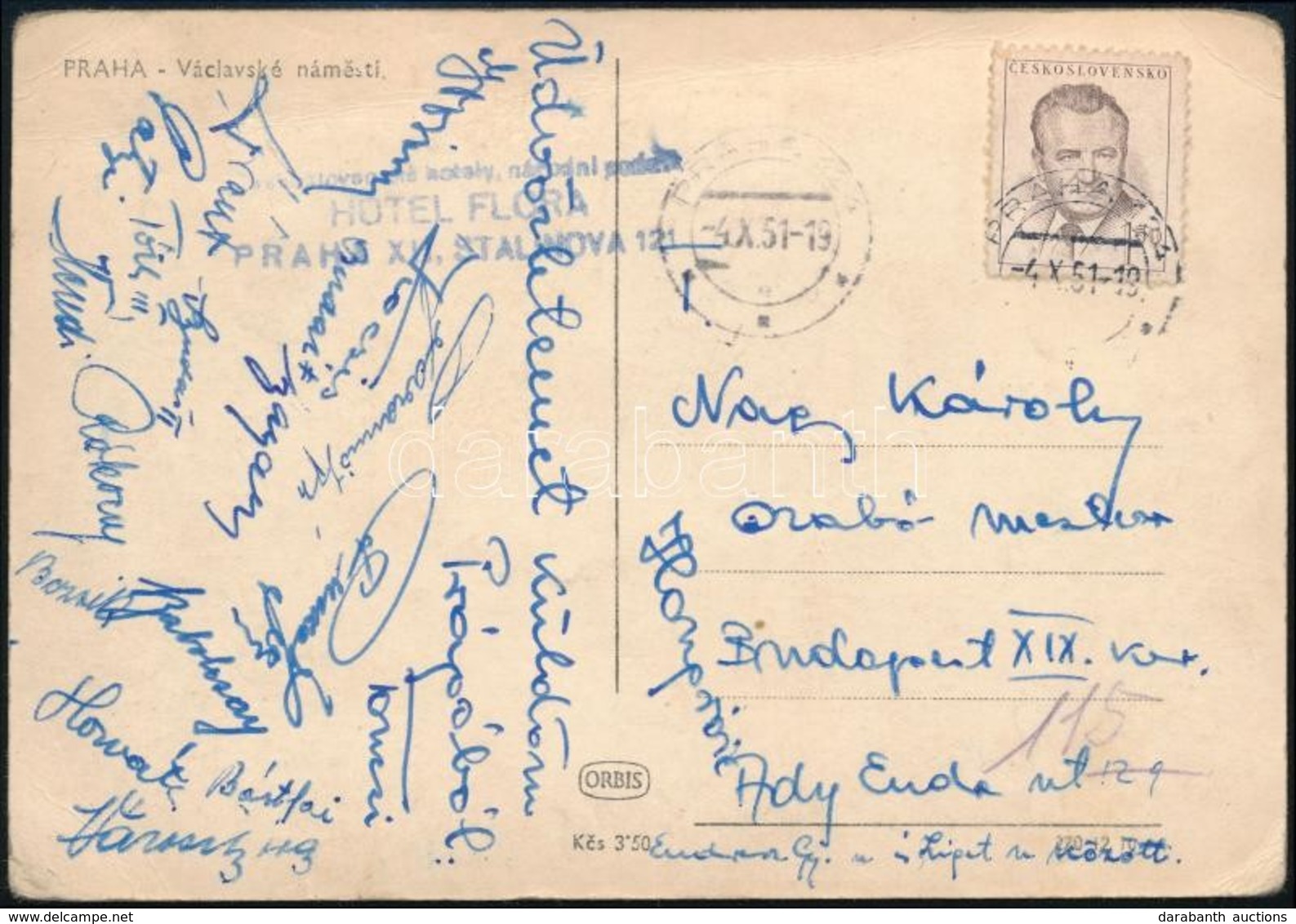 1951 Az Aranycsapat Tagjai által Aláírt és Hazaküldött Képeslap Prágából / Autograph Signed Postcard Of The Hungarian Go - Sonstige & Ohne Zuordnung