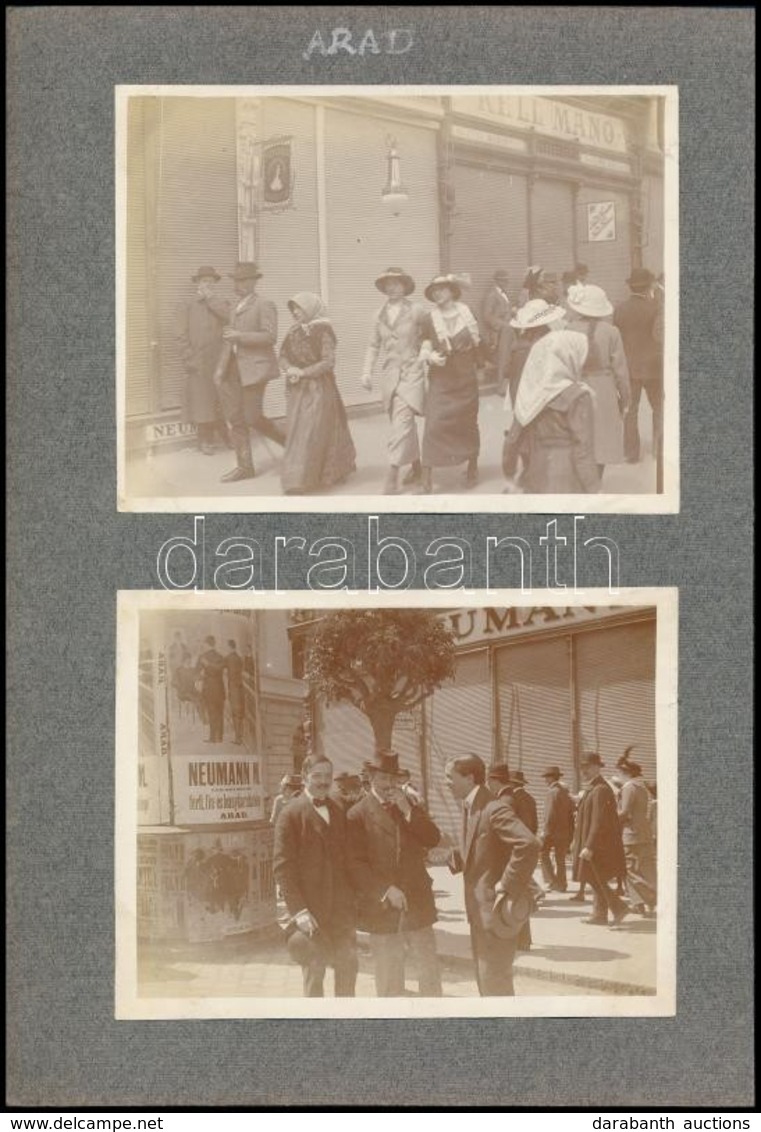 1905 Arad, Utcaképek, Hirdetőoszloppal, üzletekkel, 2 Db Albumlapra Ragasztott Fotó, 9×12 Cm  / Arad, Street View, 2 Pho - Sonstige & Ohne Zuordnung