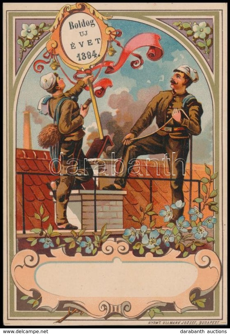 1894 Boldog Új Évet 1894. Bp., Ullmann József-ny., Litografált Kéményseprő Témájú Illusztrációval, A Hátoldalán Magyar é - Werbung