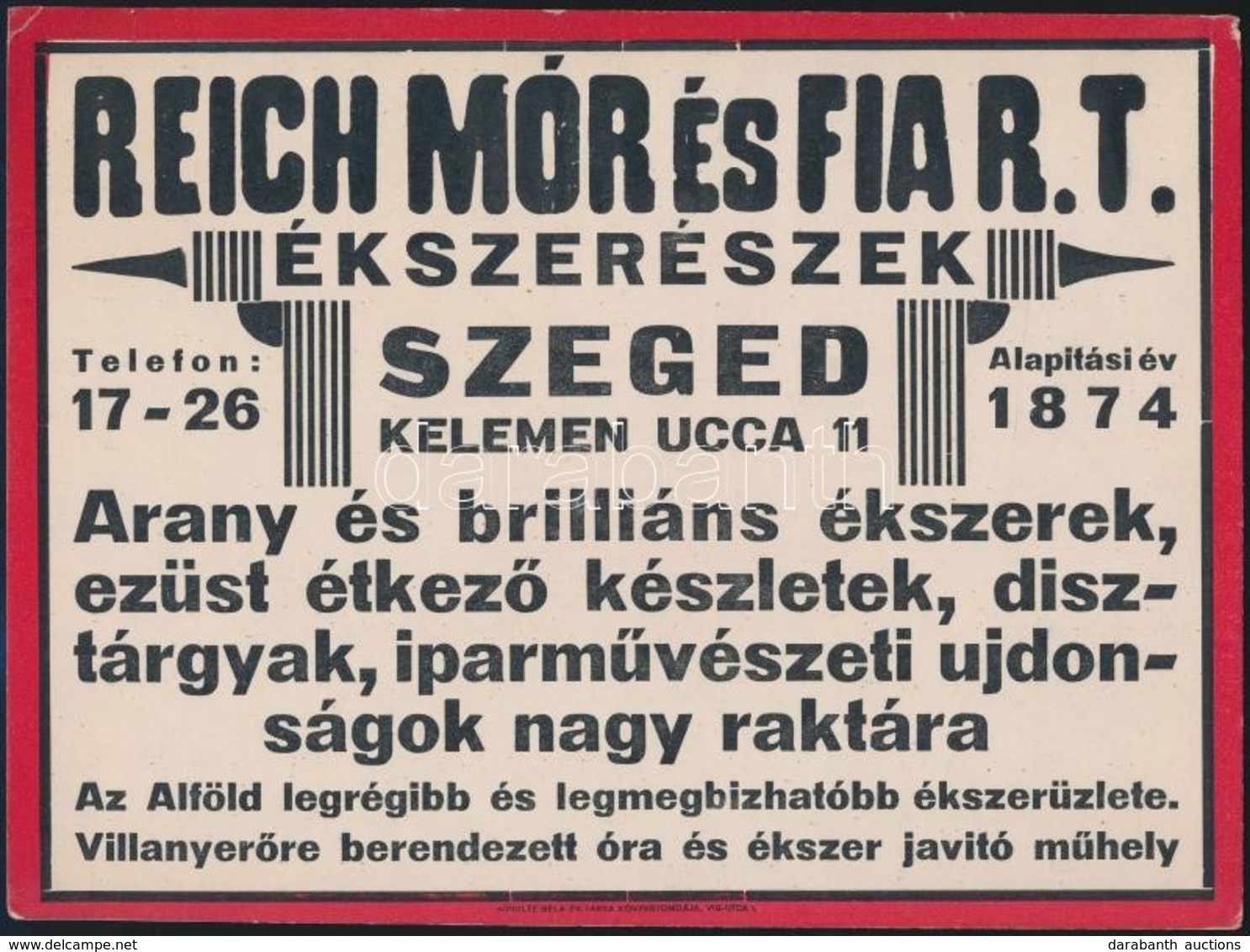 Cca 1940 Szeged, Reich Mór ékszerész Reklám Tábla / Cégtábla.  Karton. 24x18 Cm - Publicités