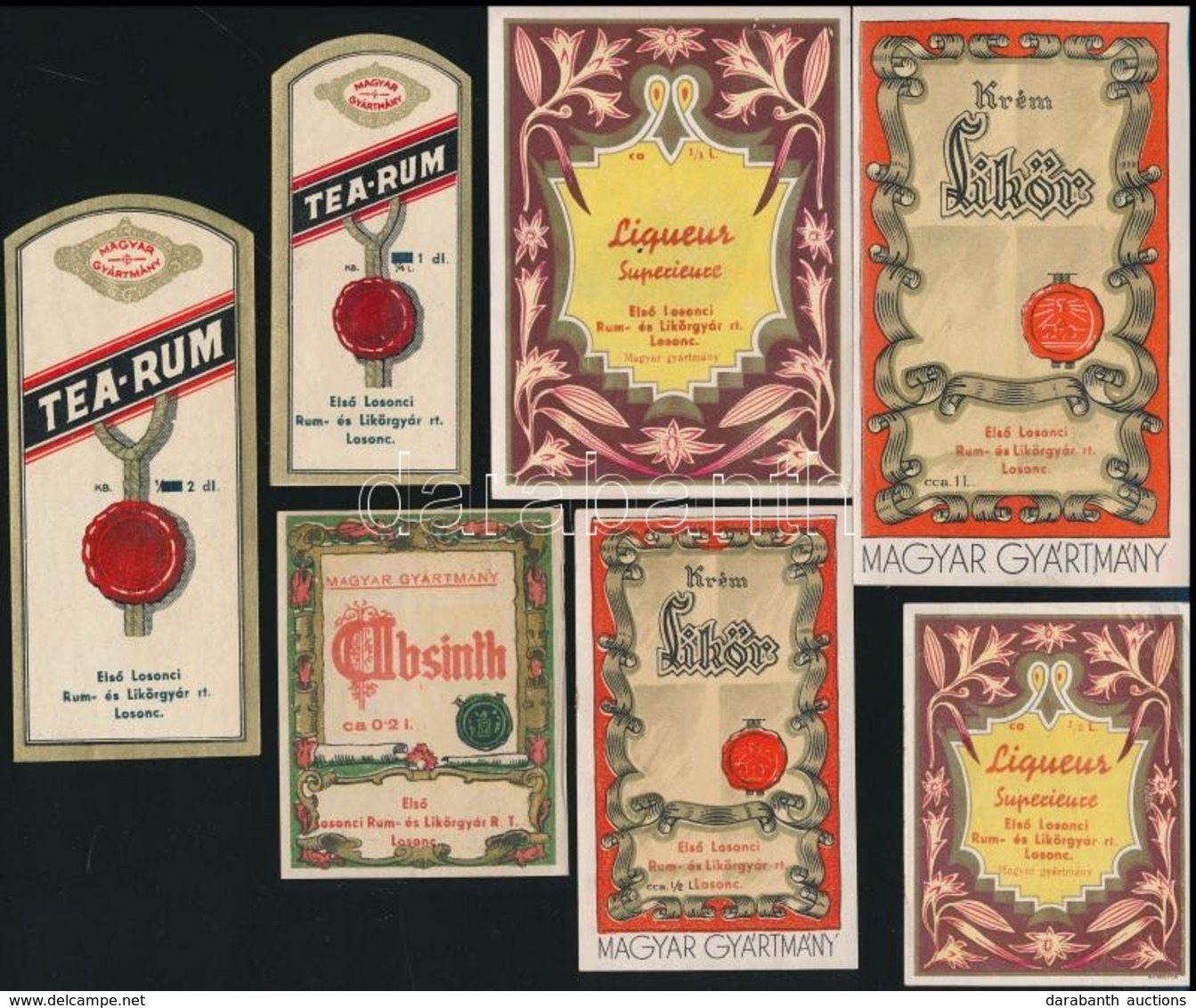 Első Losonci Rum- és Likőrgyár Rt., 7 Db Italcímke, Különböző Méretben - Publicités
