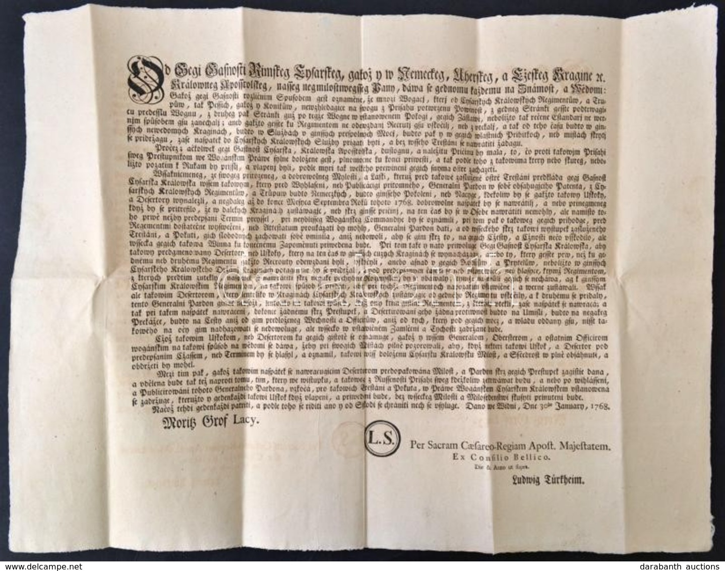 1768 Általános Amnesztiát Kihirdető Rendelet Cseh Nyelven / General Amnesty Order In Czech  Language 48x40 Cm - Ohne Zuordnung