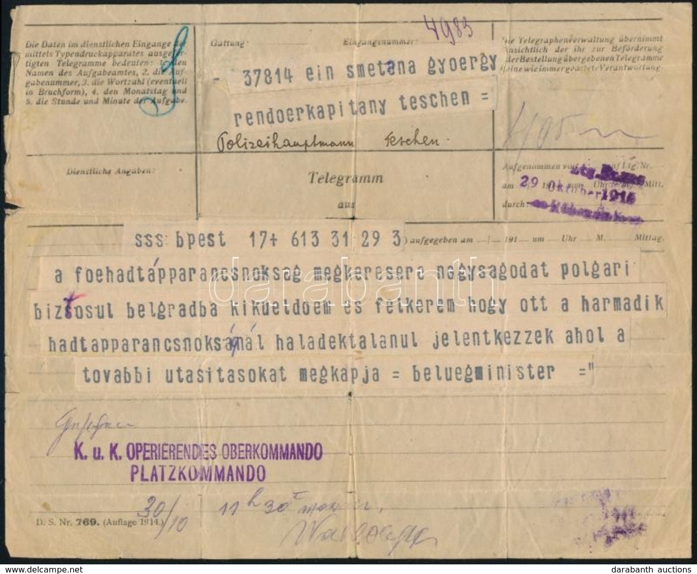 1915 Belügyminiszteri Távirat Smetana György Tescheni Rendőrkapitány Részére, Belgrádi Polgári Biztosi Kinevezéséről + S - Ohne Zuordnung