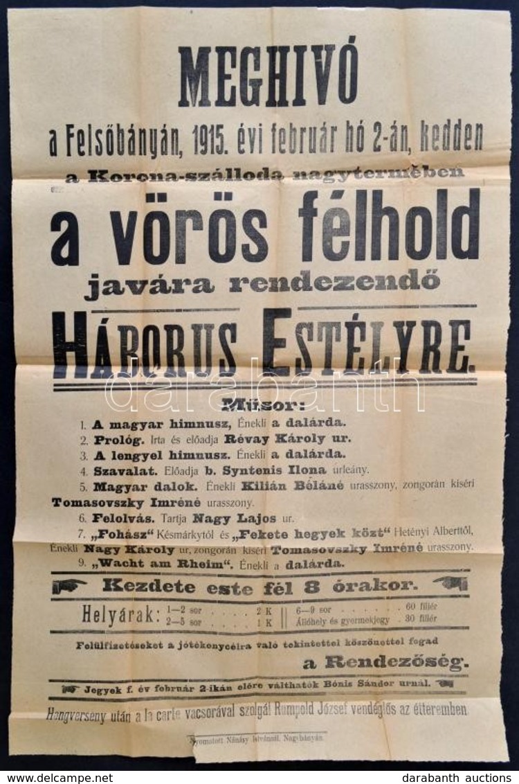 1915 Felsőbánya, Meghívó A Vörös Félhold Javára Rendezett Háborús Estélyre, 1915. Február, Plakát. Nagybánya, Nánásy Ist - Ohne Zuordnung